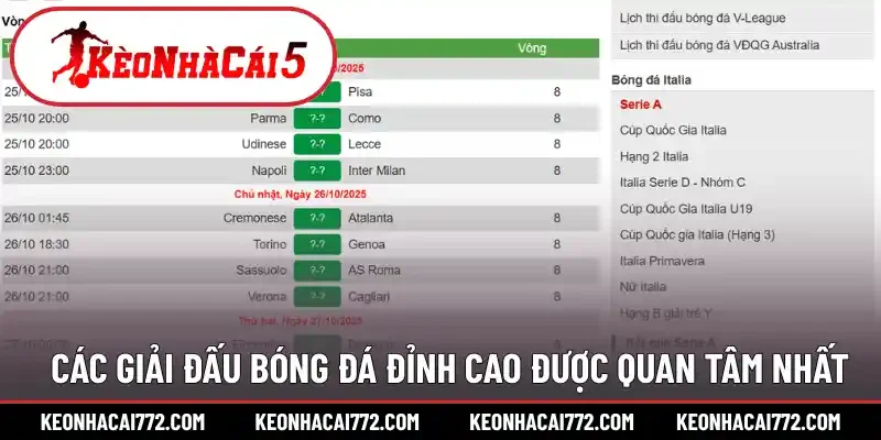 Các giải đấu bóng đá đỉnh cao được quan tâm nhất