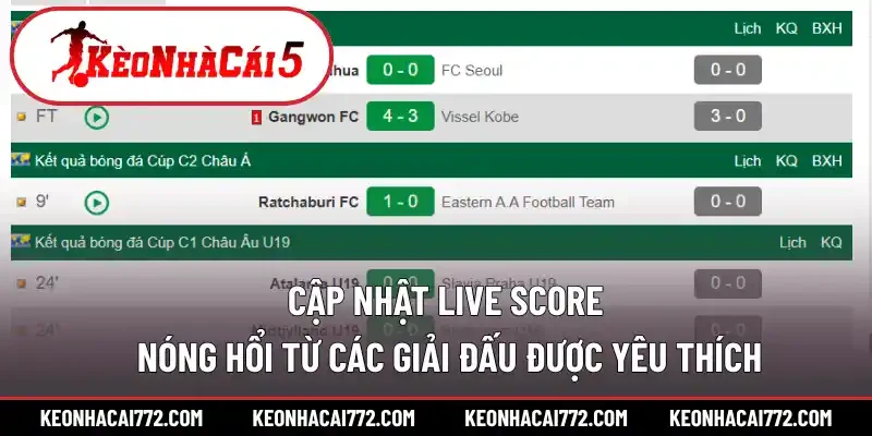 Cập nhật live score nóng hổi từ các giải đấu được yêu thích